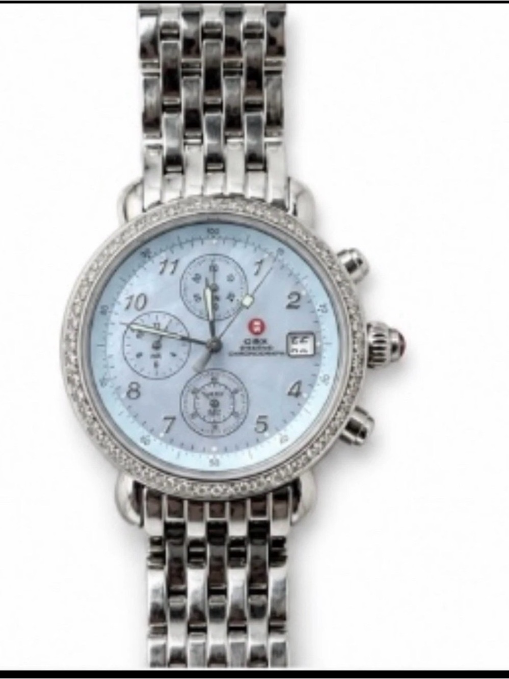 Michele Silver Watch with Light Blue Mother-of-Pearl Dial and diamond Bezel